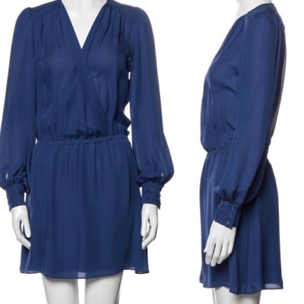 Parker 100% SILK Classic Navy Blue V-Neck Surplice Cinch Waist Dress